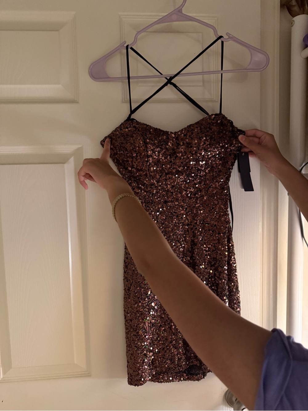 City Studio Copper Sequin Mini Dress with Black Straps